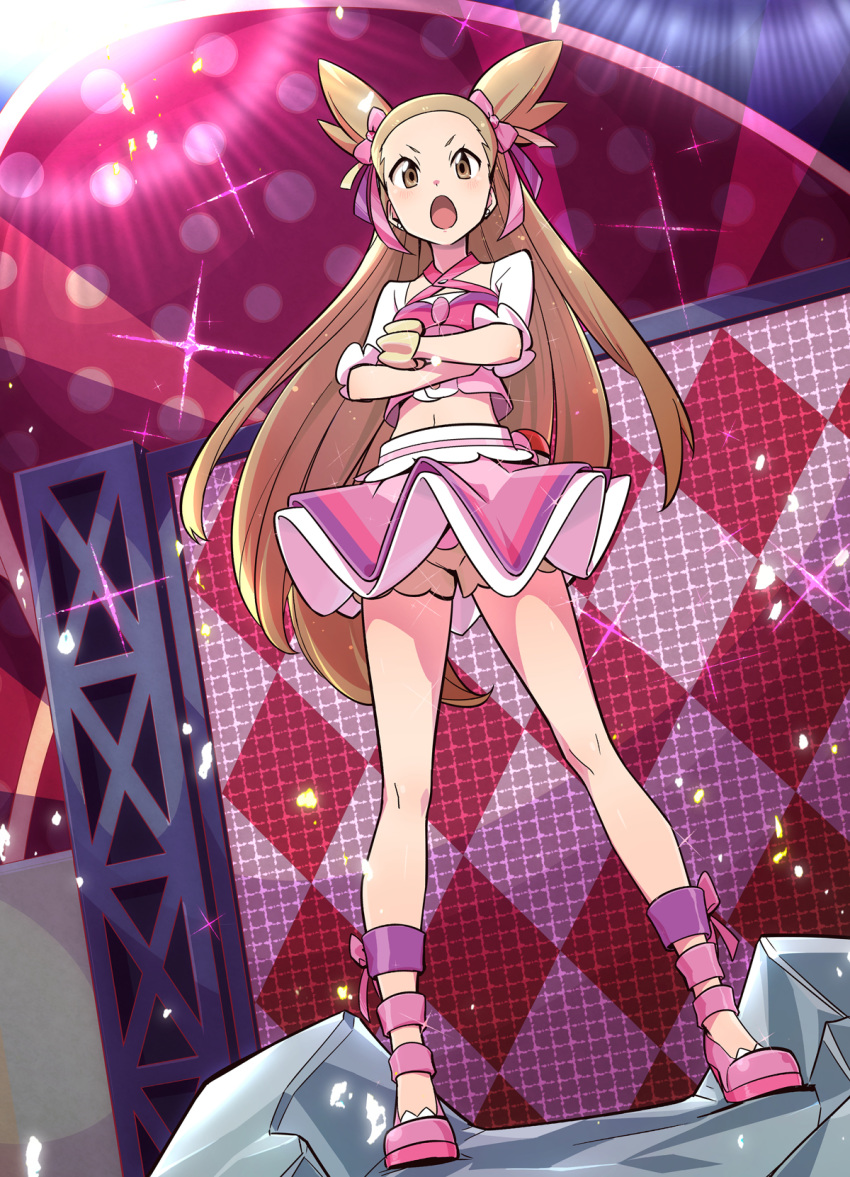 alternate_costume bloomers blush bow brown_hair commentary_request concert cosplay crossed_arms full_body gunbuster_pose gym_leader hair_bow haruka_(pokemon) haruka_(pokemon)_(cosplay) high_heels highres jii_(seiga7099526) long_hair looking_at_viewer midriff mikan_(pokemon) navel open_mouth pink_bow pokemon pokemon_(game) pokemon_hgss pokemon_oras skirt solo stage standing two_side_up underwear upskirt very_long_hair