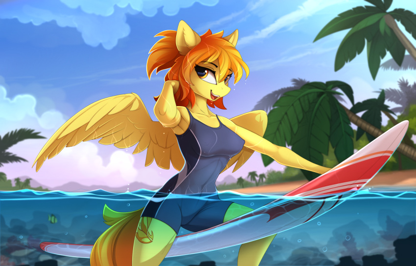 2018 anthro anthrofied clothing cloud detailed_background digital_media_(artwork) equine feathered_wings feathers female friendship_is_magic hair hi_res looking_at_viewer mammal my_little_pony nipple_bulge one-piece_swimsuit open_mouth open_smile outside palm_tree partially_submerged pegasus sea sky smile solo spitfire_(mlp) spread_wings surfboard swimsuit tree water wet wings wonderbolts_(mlp) yakovlev-vad