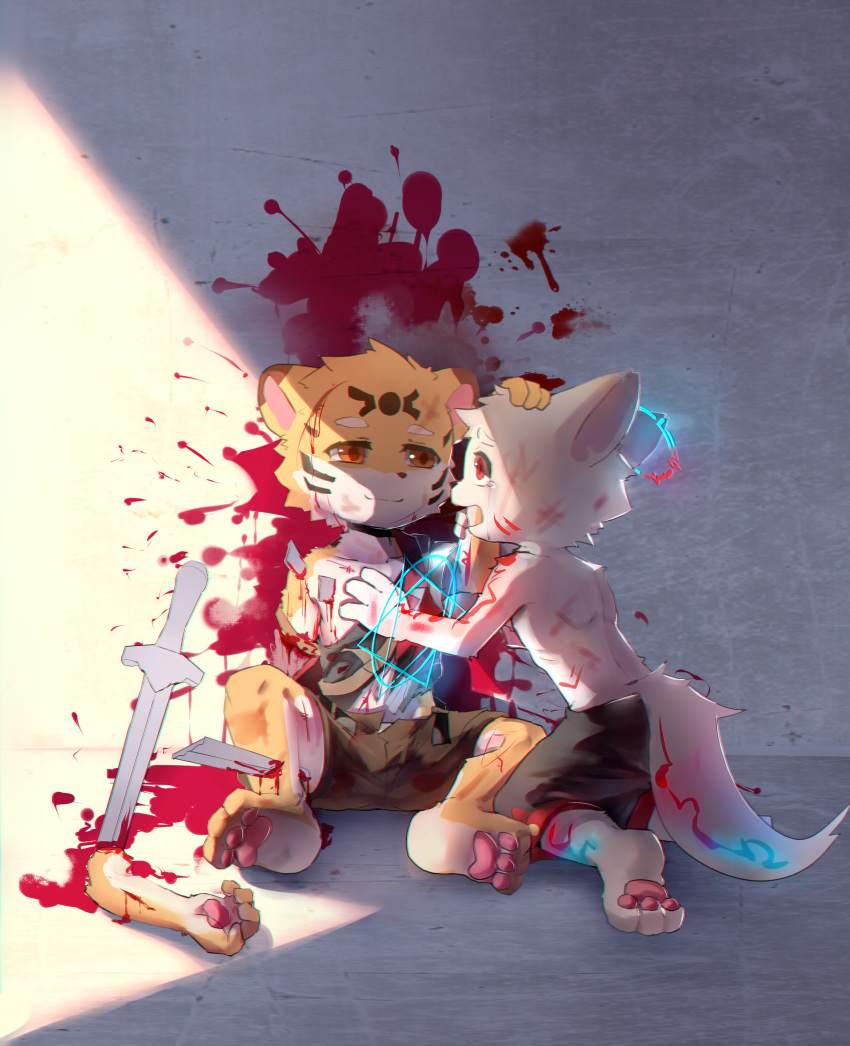 amputation anthro bean_koma blood canine clothed clothing crying cub duo feline gore hindpaw impalement male mammal melee_weapon paws sword tears tiger topless weapon young