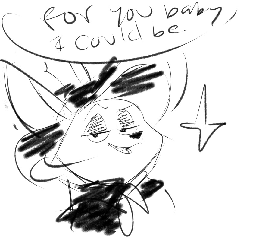ambiguous_form ambiguous_gender anthro big_ears black_and_white black_eyes black_nose canine clothed clothing dialogue digital_drawing_(artwork) digital_media_(artwork) disney dreamworks ears_up english_text eyebrows fangs fennec finnick flirting fox half-closed_eyes hat head_tilt long_ears looking_at_viewer mammal monochrome no_iris open_mouth raised_eyebrow shrek_(series) simple_background sketch smile snout solo star text thelittlemetermaid tongue white_background zootopia