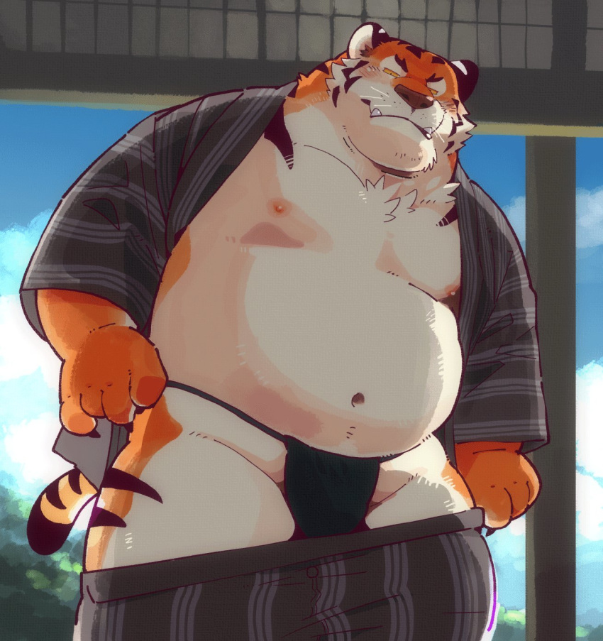 anthro barazoku blush clothed clothing exposed exposing feline garouzuki hi_res male mammal mature_male nipples open_shirt overweight overweight_male pants_down partially_clothed pose seductive solo tiger underwear undressing