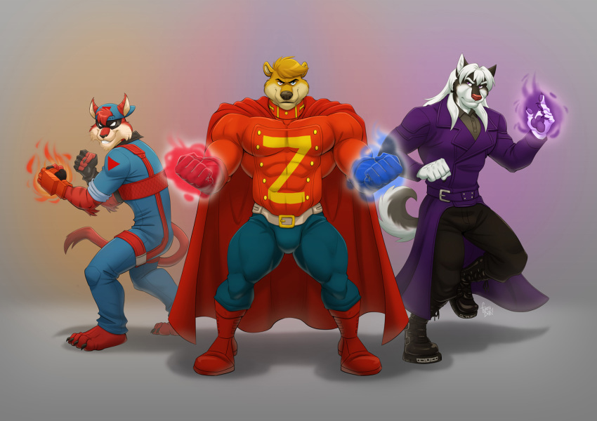 anthro bear bob canine clothed clothing digital_media_(artwork) dog feline fur furrybob hair husky hybrid male mammal muscular panther simple_background superhero superheroes tiger