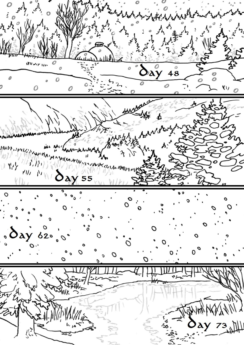 comic detailed_background forest hi_res husky92 ice monochrome not_furry snow tree