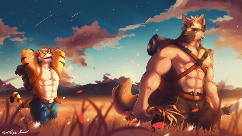 16:9 abs anthro backpack badtiger belt biceps big_muscles black_fur black_nose blue_eyes brown_eyes brown_fur bulge canine canyne_khai_(character) chest_tuft clothed clothing dog duo fangs feline fur german_shepherd hands_behind_head kemono male mammal muscular muscular_male open_mouth orange_fur pants pecs pink_nose smile standing stripes tan_fur teeth tiger tongue topless tuft white_fur