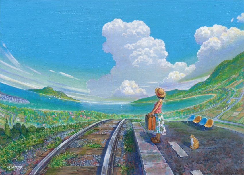 acrylic_paint_(medium) black_hair blue_sky canal cat chair cloud day facing_away fisheye from_side grass hat horizon island leaf_print nature ocean original outdoors pleated_skirt polka_dot polka_dot_shirt railroad_tracks rice_paddy rural scenery shiraishi_takashi shirt short_hair signature skirt sky sleeveless sleeveless_shirt solo straw_hat suitcase summer traditional_media white_skirt wide_shot