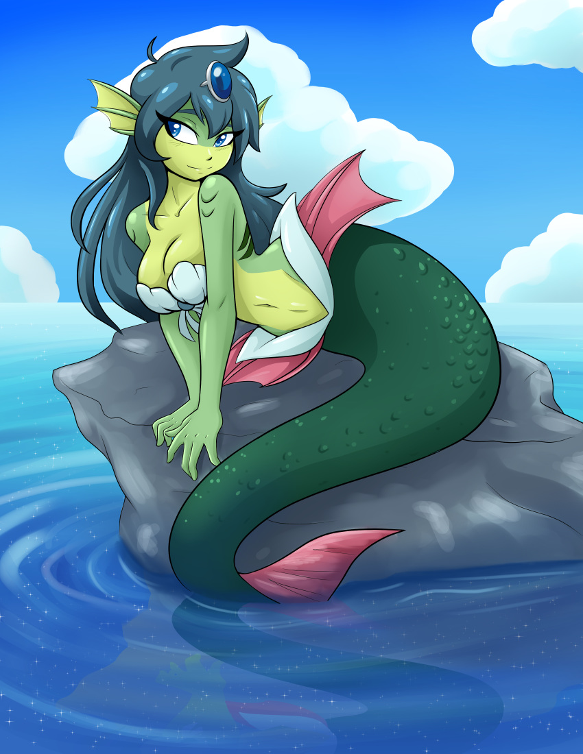 2018 absurd_res ambris big_breasts blue_eyes breasts cleavage clothed clothing cloud digital_media_(artwork) female giga_mermaid green_hair hair hi_res long_hair marine merfolk rock sea seashell_bra shantae:_half-genie_hero shantae_(series) sky smile solo water