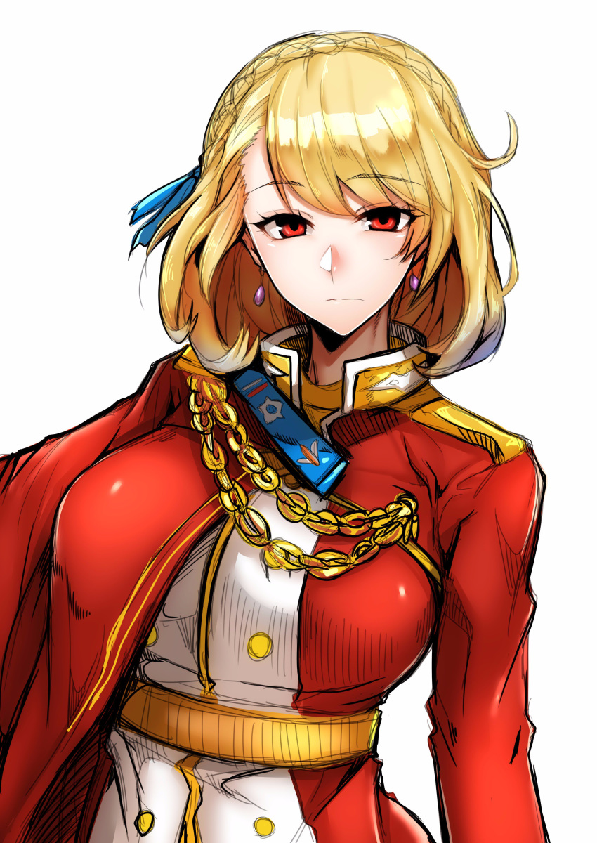 absurdres aiguillette azur_lane bangs blonde_hair braid breasts commentary crown_braid earrings epaulettes eyebrows_visible_through_hair french_braid gggg hair_ornament highres jacket jewelry large_breasts looking_at_viewer military military_uniform prince_of_wales_(azur_lane) red_eyes red_jacket short_hair solo uniform