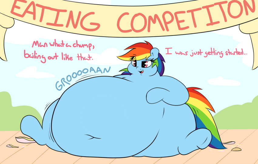 belly big_belly big_butt butt earth_pony english_text equine female feral friendship_is_magic graphene hair hooves horse long_hair mammal multicolored_hair my_little_pony open_mouth oral_vore overweight pony purple_eyes rainbow_dash_(mlp) rainbow_hair simple_background smile solo teeth text thick_thighs tongue vore wide_hips