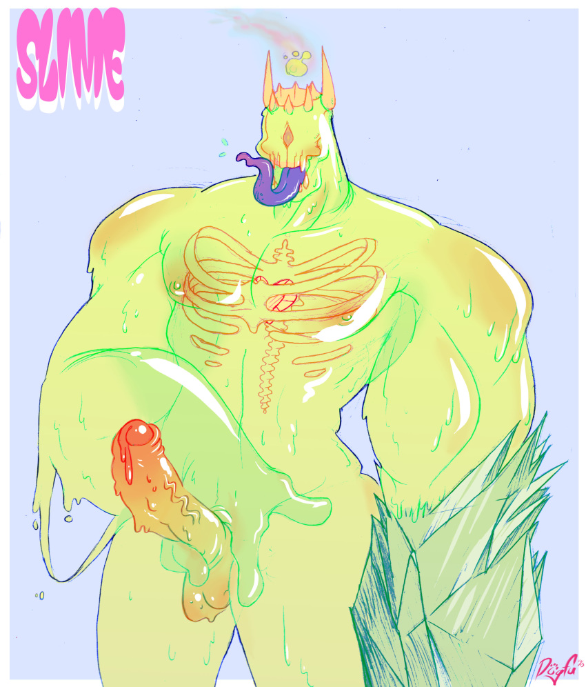 anthro balls bone creepy crystal dipping dogfu erection goo_creature hi_res long_tongue male monster muscular nipples not_furry penis simple_background skull slime solo tongue tongue_out vein veiny_penis