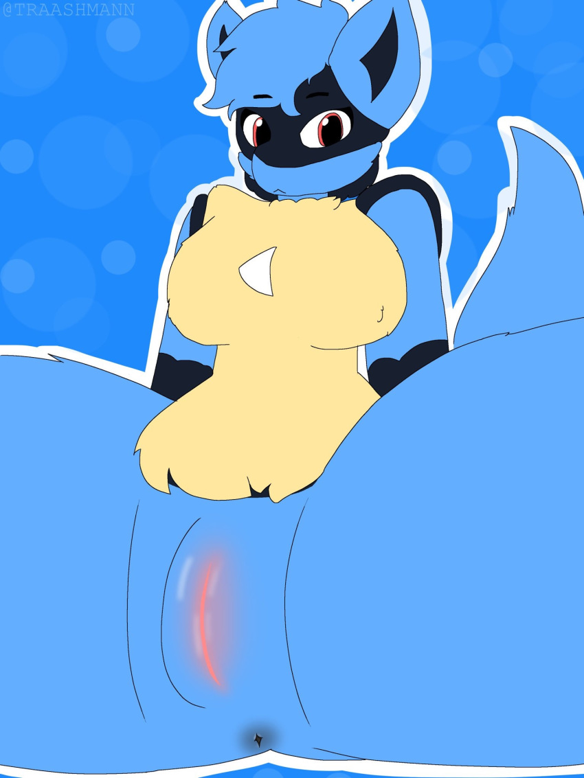 2018 anthro anus big_breasts blue_fur breasts butt digital_media_(artwork) female fur hair invalid_tag looking_at_viewer lucario nintendo nude pok&eacute;mon pok&eacute;mon_(species) pussy simple_background spikes spreading traashmann video_games wide_hips yellow_fur