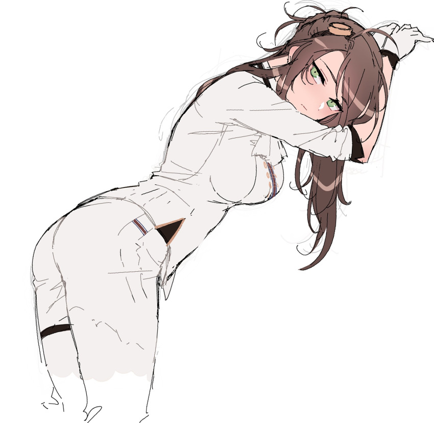 :| ass bent_over braid breasts brown_hair closed_mouth commentary_request cowboy_shot doodle eyebrows_visible_through_hair french_braid from_side girls_frontline gloves green_eyes gun hair_ornament head_down head_tilt highres jacket large_breasts leaning leaning_forward lee-enfield_(girls_frontline) long_hair looking_at_viewer military military_uniform ndgd pants rifle sketch sleeves_rolled_up solo standing uniform weapon white_gloves white_jacket white_neckwear white_pants