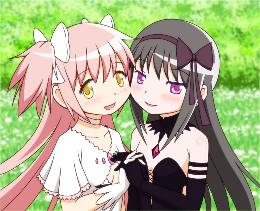 akemi_homura akuma_homura bare_shoulders black_dress black_gloves black_hair blush bow cadsensei cheek-to-cheek choker cleavage_cutout collarbone commentary_request dress elbow_gloves field gloves holding_hands interlocked_fingers kaname_madoka long_hair luminous_(madoka_magica) mahou_shoujo_madoka_magica mahou_shoujo_madoka_magica_movie multiple_girls open_mouth pink_hair purple_eyes purple_ribbon ribbon smile two_side_up ultimate_madoka upper_body white_bow white_dress white_gloves yellow_eyes