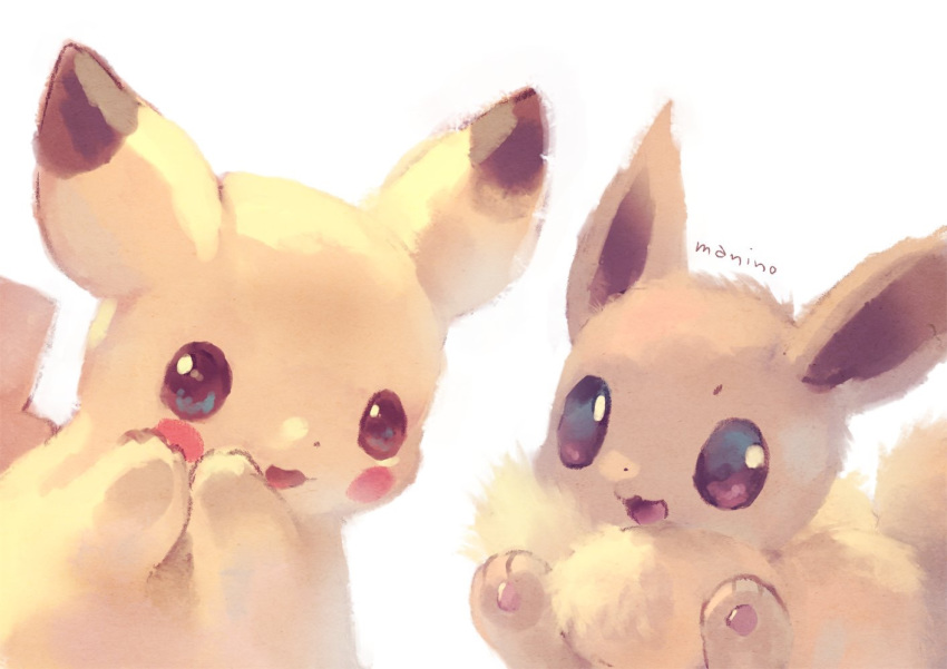 :d commentary_request eevee gen_1_pokemon looking_at_viewer manino_(mofuritaionaka) no_humans open_mouth pikachu pokemon pokemon_(creature) pokemon_(game) pokemon_lgpe red_eyes signature simple_background smile white_background