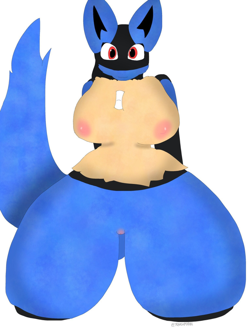 2018 anthro big_breasts blue_fur breasts canine digital_media_(artwork) female fur invalid_tag looking_at_viewer lucario mammal nintendo nipples nude pok&eacute;mon pok&eacute;mon_(species) pussy red_eyes simple_background smile spikes thick_thighs traashmann video_games white_background wide_hips yellow_fur