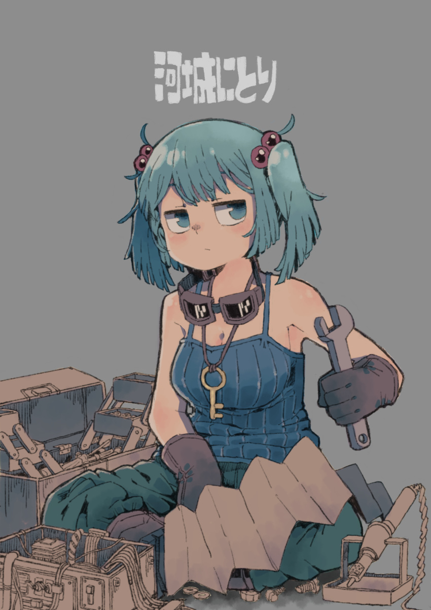 absurdres aqua_hair breasts camisole character_name cleavage goggles hair_bobbles hair_ornament highres kawashiro_nitori no_hat no_headwear pants screw screwdriver sinchan1228 sitting soldering_iron solo toolbox touhou twintails work_gloves wrench