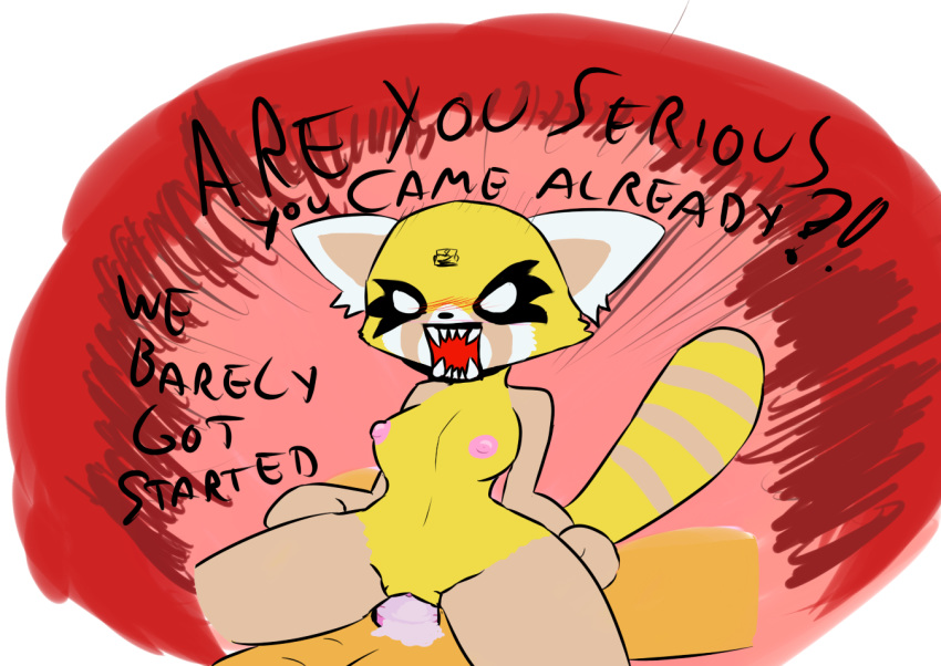 aggressive_retsuko angry anthro blush breasts cactuscacti cum cum_in_pussy cum_inside dialogue english_text erection faceless_male female human interspecies male male/female mammal nipples nude open_mouth penetration penis predator_mouth premature_ejaculation pussy red_panda retsuko sanrio sharp_teeth teeth text vaginal vaginal_penetration white_eyes