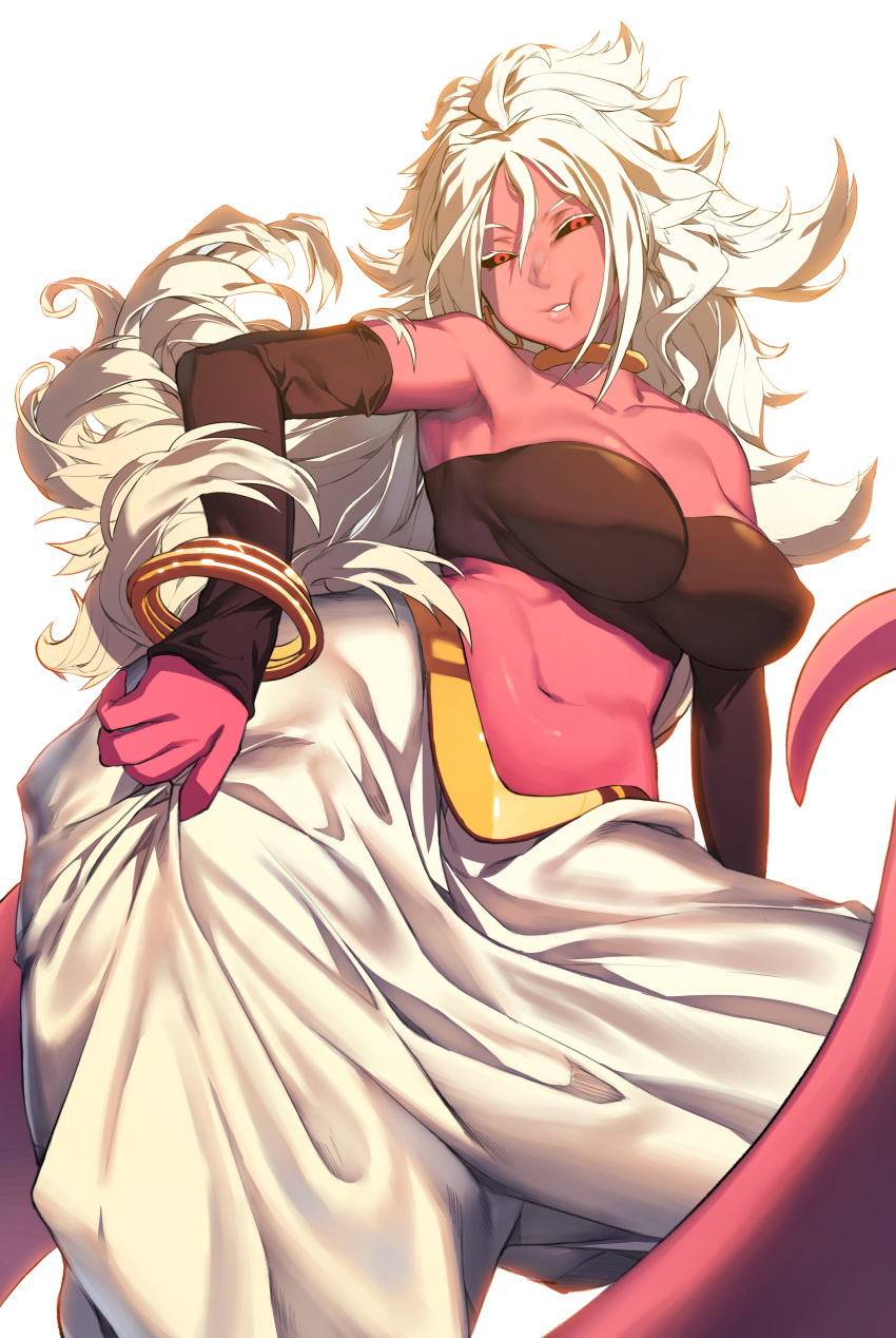 :t absurdres android_21 armpits baggy_pants bare_shoulders black_sclera bracelet breasts collarbone detached_sleeves dragon_ball dragon_ball_fighterz eureka_brider harem_pants highres impossible_clothes jewelry large_breasts long_hair looking_at_viewer majin_android_21 messy_hair midriff navel neck_ring pants pink_skin red_eyes solo strapless tubetop very_long_hair white_background white_hair