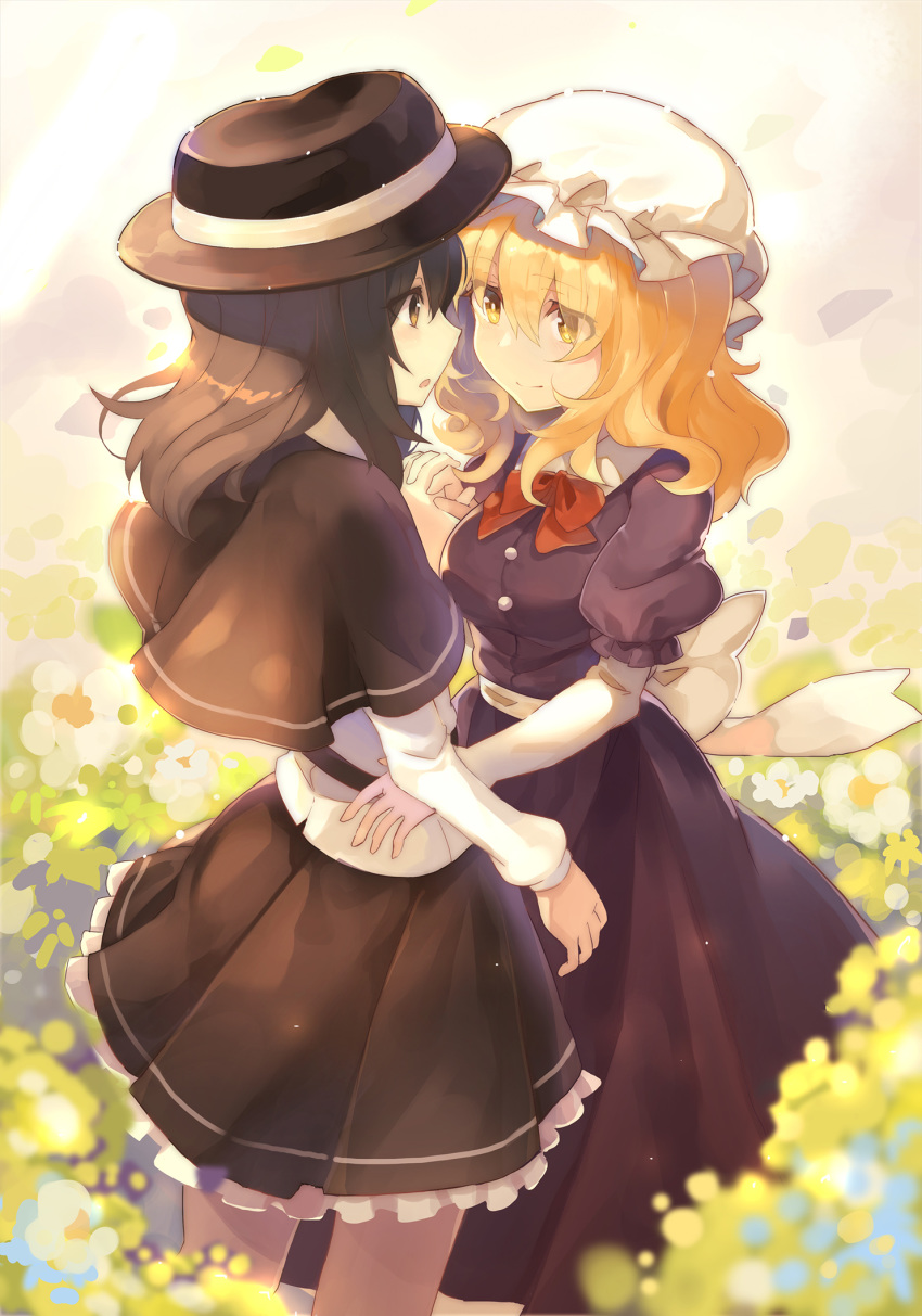 belt black_belt black_capelet black_skirt blonde_hair bow bowtie breasts brown_eyes brown_hair brown_hat capelet commentary_request cowboy_shot dress eye_contact eyebrows_visible_through_hair eyes_visible_through_hair fedora field flower flower_field hair_between_eyes hat highres holding_hands interlocked_fingers long_hair long_sleeves looking_at_another maribel_hearn medium_breasts mob_cap multiple_girls parted_lips petticoat profile puffy_short_sleeves puffy_sleeves purple_dress red_bow red_neckwear rin_falcon sash shirt short_sleeves skirt smile standing touhou usami_renko white_flower white_hat white_sash white_shirt yellow_eyes yuri