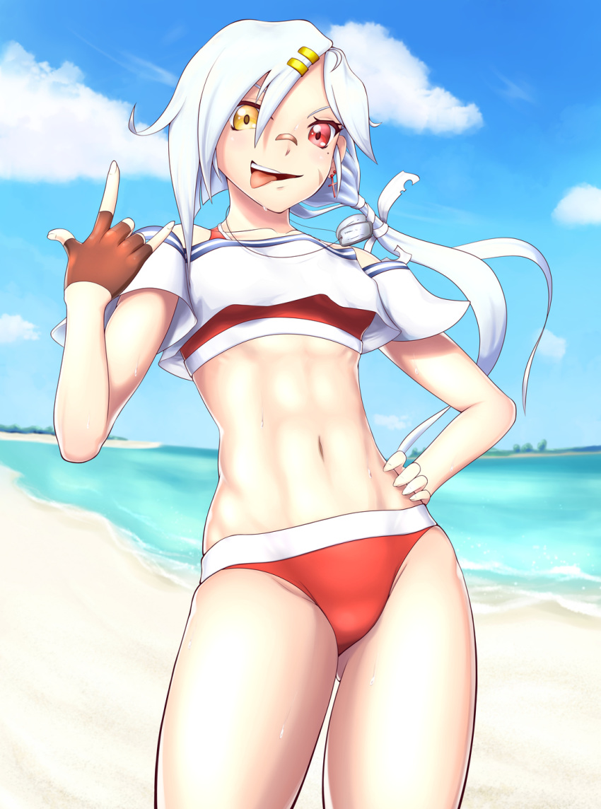 1girl abs azur_lane bandaid bandaid_on_nose beach blue_sky cloud commentary_request cross cross_earrings dog_tags downes_(azur_lane) earrings fingerless_gloves gloves gunmarx heterochromia highres jewelry long_hair looking_at_viewer low_ponytail midriff mole mole_under_eye navel ocean single_earring sky smile solo sweat swimsuit thighs toned tongue tongue_out white_hair
