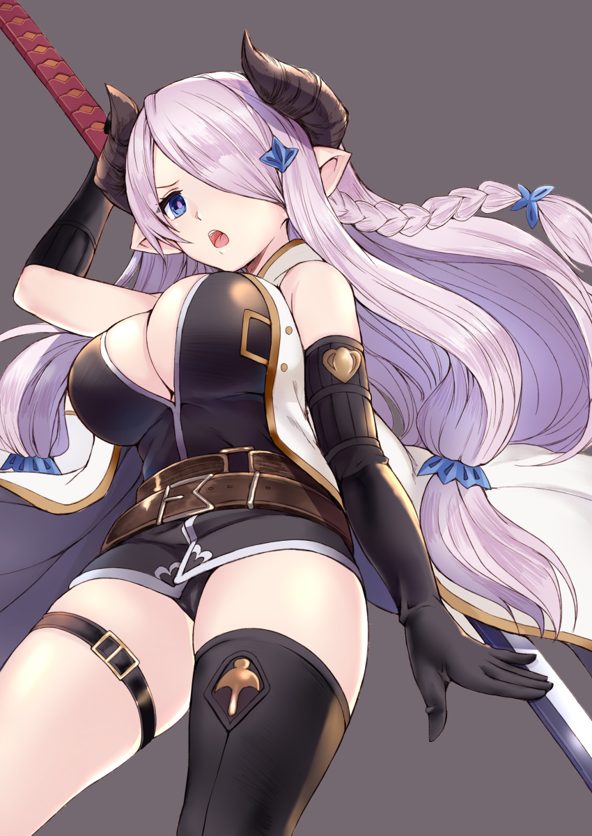 absurdres asymmetrical_gloves baicha black_footwear black_gloves black_legwear black_panties blue_eyes bottomless braid breasts cleavage coat commentary_request draph elbow_gloves gloves granblue_fantasy hair_ornament hair_over_one_eye highres horns katana large_breasts lavender_hair long_hair low_tied_hair narmaya_(granblue_fantasy) open_mouth panties pointy_ears purple_hair single_braid single_thighhigh sleeveless solo sword thigh_strap thighhighs underwear weapon