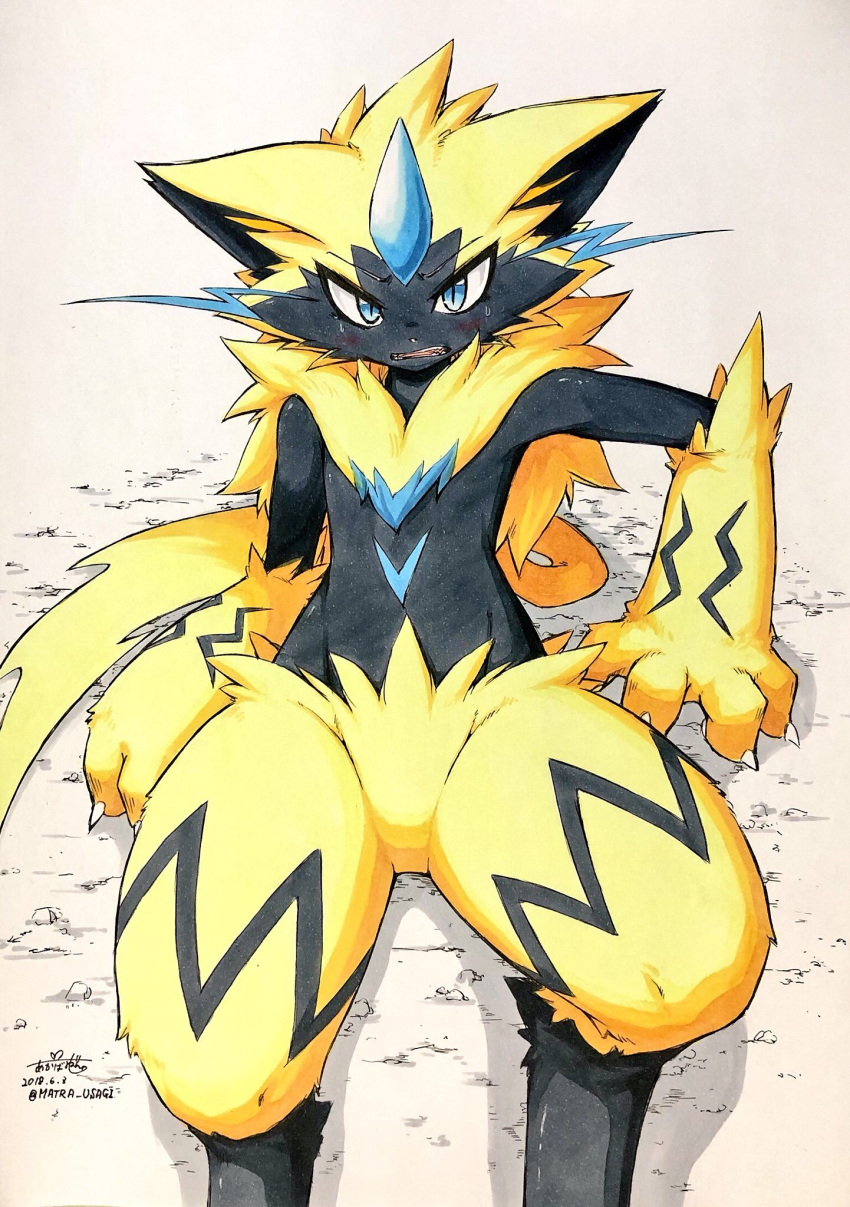 blue_eyes cornered fur jinya looking_at_viewer lying nintendo pok&eacute;mon pok&eacute;mon_(species) scared traditional_media_(artwork) tuft video_games whiskers yellow_fur zeraora あかばね_じん