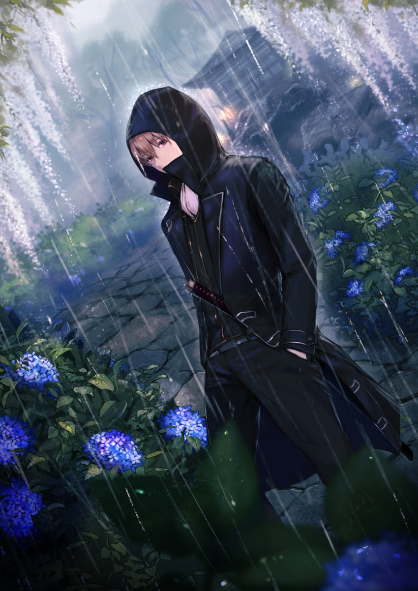 blue_flower brown_eyes brown_hair dutch_angle flower gintama hand_in_pocket highres hood looking_at_viewer male_focus okita_sougo outdoors rain sheath sheathed solo standing sword weapon yamawasabi3