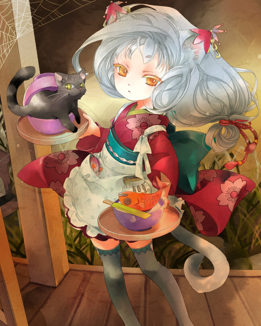 animal_ears awai bad_id bad_pixiv_id bakeneko brown_eyes cat cat_ears cat_tail commentary fish floral_print geta grey_legwear highres indoors japanese_clothes kimono long_hair long_sleeves looking_at_viewer mouse original red_kimono silk silver_hair solo spider_web tail texture thighhighs youkai