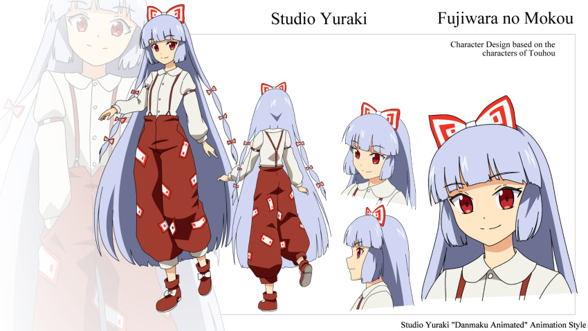 ankle_boots artist_name baggy_pants bangs blouse blunt_bangs boots bow breasts capri_pants character_name character_sheet closed_mouth collared_blouse danmaku!! dot_nose english eyebrows_visible_through_hair fujiwara_no_mokou grey_hair hair_bow hand_up hands_in_pockets high-waist_pants highres hime_cut long_hair long_sleeves looking_at_viewer multiple_views ofuda pants peter_pan_collar puffy_long_sleeves puffy_sleeves red_bow red_eyes red_footwear red_pants shoe_bow shoes sidelocks simple_background sleeve_garters small_breasts smile standing studio_yuraki suspenders touhou turnaround very_long_hair walking white_background white_blouse white_bow zoom_layer