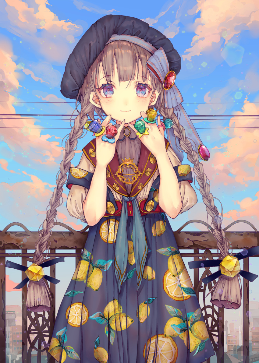 bangs beret blue_eyes blue_sky blush bow braid cha_goma cloud commentary_request day dress eyebrows_visible_through_hair fence food_print gem grey_hair hair_bow hair_ornament hair_ribbon hat highres jewelry lemon_print lens_flare long_hair looking_at_viewer original outdoors puffy_short_sleeves puffy_sleeves ribbon ring ring_pop short_sleeves sky smile solo standing twin_braids twintails very_long_hair