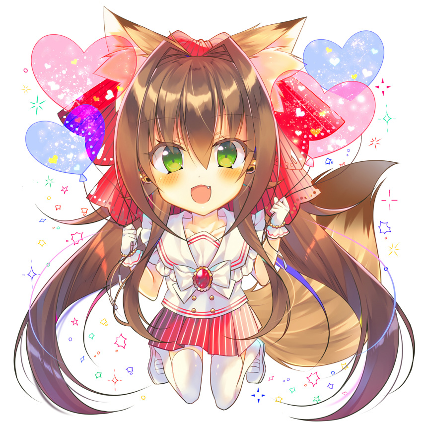 :d animal_ears balloon bangs bell blush brown_hair chibi commentary_request eyebrows_visible_through_hair fang fox_ears fox_girl fox_tail gloves green_eyes hair_bell hair_between_eyes hair_intakes hair_ornament heart heart_balloon highres holding holding_balloon jingle_bell kneeling long_hair monaka_natsume open_mouth original pleated_skirt red_skirt sailor_collar school_uniform serafuku shirt shoes simple_background skirt smile solo striped tail thighhighs uwabaki vertical-striped_skirt vertical_stripes very_long_hair white_background white_footwear white_gloves white_legwear white_sailor_collar white_shirt