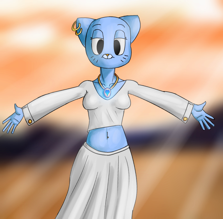 2018 5_fingers alternate_costume anthro blue_fur breasts cartoon_network cat clothing collar digital_media_(artwork) dress ear_piercing feline female fur half-closed_eyes hi_res looking_at_viewer mammal mature_female midriff nicole_watterson open_arms piercing pose simple_background solo standing the_amazing_world_of_gumball whiskers zambs