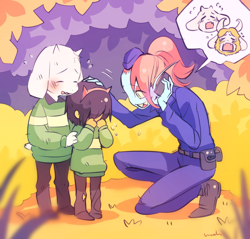 1other 2boys 2girls androgynous asgore_dreemurr asriel_dreemurr blue_skin blush brown_hair brown_pants bush child comforting crying delta deltarune fake_horns green_shirt headband highres horns kris_(deltarune) multiple_boys multiple_girls noaharbre pants phone police police_uniform policewoman ponytail red_hair red_headband red_horns shirt toriel undyne uniform white_fur younger