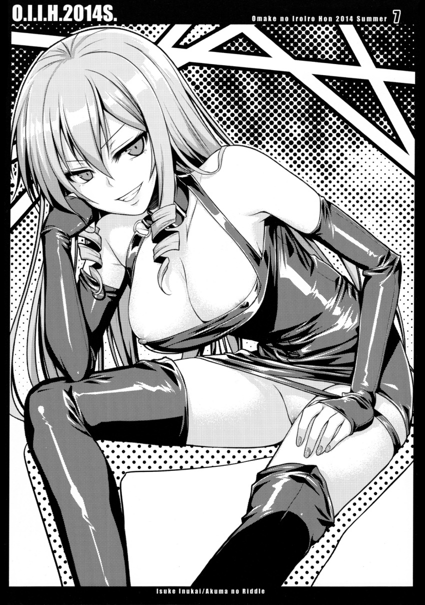 1girl 40010prototype akuma_no_riddle boots breasts character_name cleavage copyright_name dress drill_hair erect_nipples female hand_on_own_face highres inukai_isuke large_breasts looking_at_viewer monochrome nipple_slip nipples no_bra no_panties pussy short_dress smile solo thigh_boots thighhighs