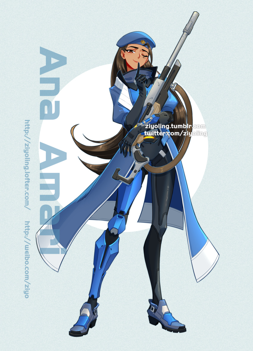 alternate_costume ana_(overwatch) beret brown_eyes brown_hair captain_amari character_name coat dark_skin facial_tattoo full_body gun hat highres long_hair looking_at_viewer overwatch rifle smile sniper_rifle solo tattoo very_long_hair weapon younger ziyo_ling