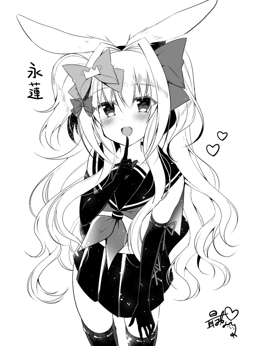 :d animal_ears bangs blush bow bunny_ears elbow_gloves eyebrows_visible_through_hair fang finger_to_mouth gloves greyscale hair_between_eyes hair_bow hair_intakes heart highres index_finger_raised long_hair looking_at_viewer monaka_natsume monochrome neckerchief open_mouth original pleated_skirt ribbon-trimmed_legwear ribbon_trim sailor_collar school_uniform serafuku shirt signature simple_background skirt sleeveless sleeveless_shirt smile solo thighhighs translation_request very_long_hair white_background