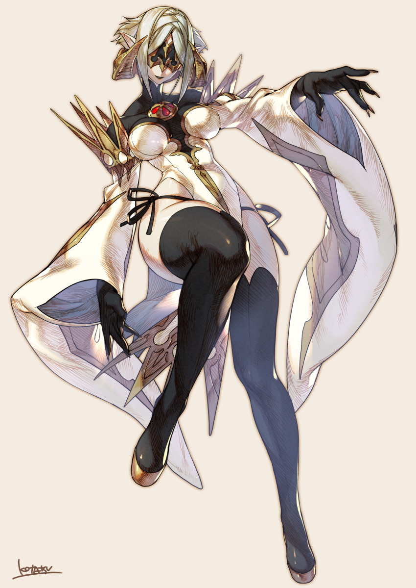 bangs boots breasts breasts_apart closed_mouth detached_sleeves fading fingernails full_body gold_trim grey_background grey_hair highres horns knee_up kotatsu_(g-rough) long_sleeves mask medium_breasts original parted_bangs sharp_fingernails short_hair signature simple_background smile solo spikes thigh_boots thighhighs wide_sleeves