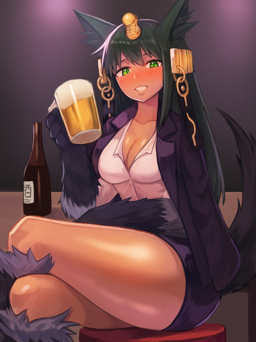 :d absurdres alcohol alternate_costume animal_ears anubis_(monster_girl_encyclopedia) beer beer_mug blush bottle breasts cleavage collared_shirt commentary commentary_request crossed_legs drunk egyptian english_commentary gold_trim green_eyes hair_ornament hand_up headdress highres holding jackal_ears jackal_tail jacket_on_shoulders large_breasts looking_at_viewer miniskirt monster_girl monster_girl_encyclopedia open_mouth paws pencil_skirt popped_collar purple_skirt sake_bottle shirt skirt smile snake_hair_ornament solo sookmo stool tail third-party_source white_shirt