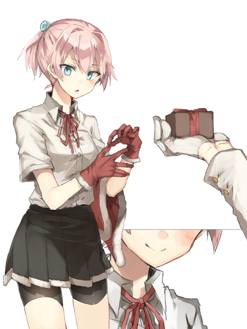 admiral_(kantai_collection) bike_shorts black_shorts blouse blue_eyes blush box buttons chibirisu gift gift_box gloves grey_skirt hair_between_eyes highres kantai_collection multiple_views open_mouth pink_hair pleated_skirt ponytail red_gloves red_ribbon ribbon santa_gloves shiranui_(kantai_collection) short_hair short_sleeves shorts shorts_under_skirt simple_background skirt smile solo_focus white_background white_blouse white_gloves