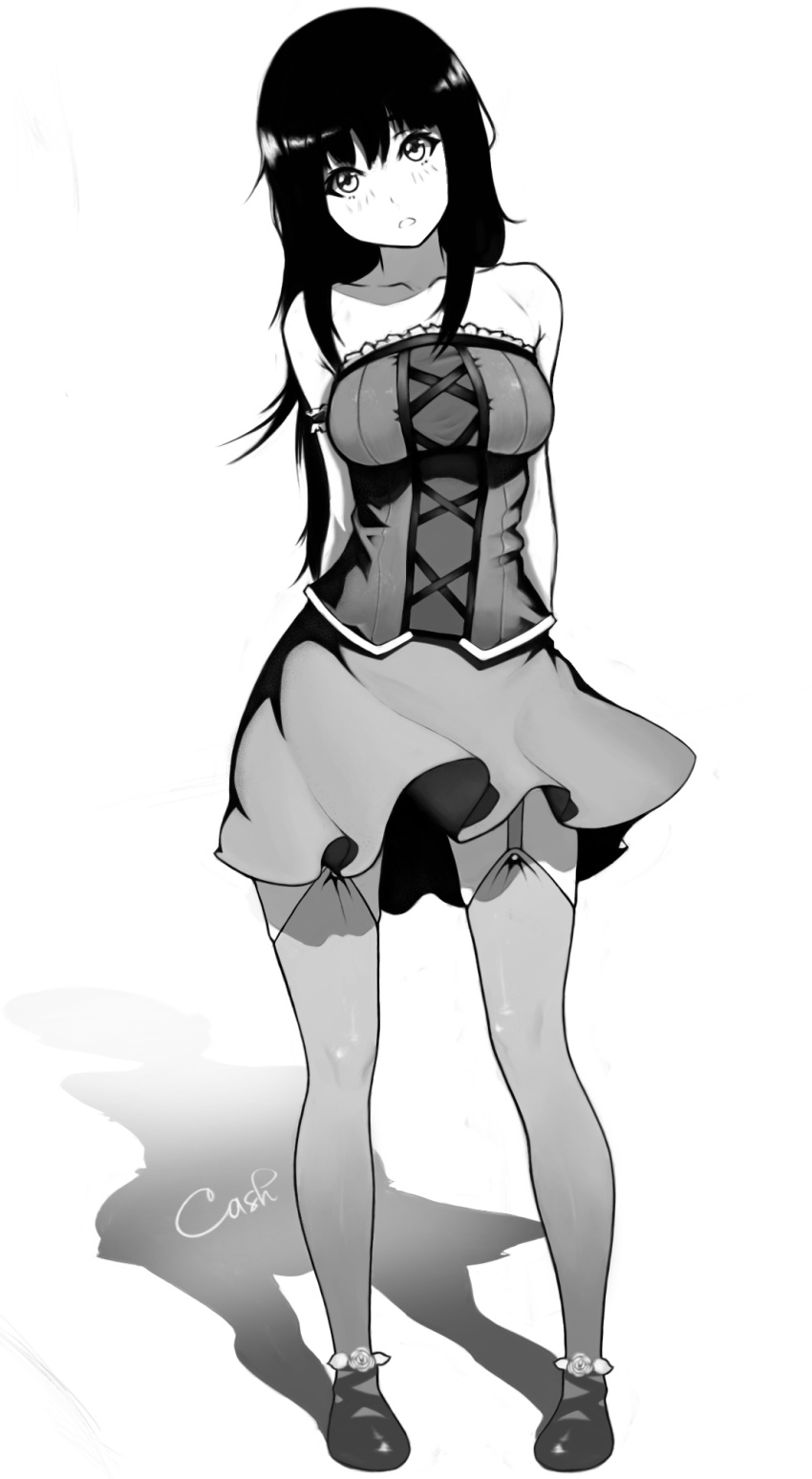 arms_behind_back artist_name bangs bare_shoulders blush breasts cash007 collarbone flower full_body garter_straps greyscale head_tilt highres large_breasts long_hair looking_at_viewer miniskirt monochrome original shadow skirt solo standing strapless_shirt thighhighs wind
