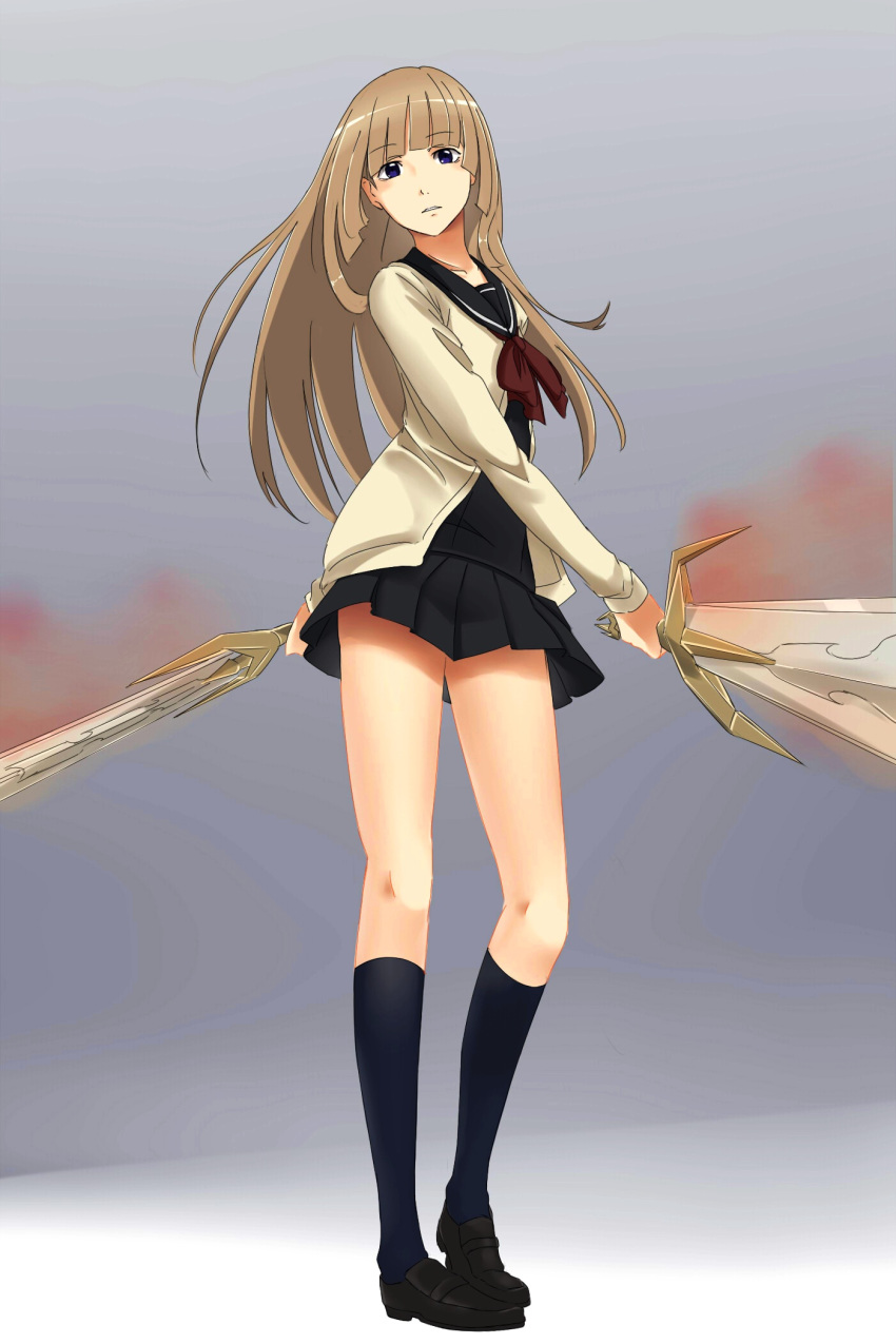 1girl bangs black_footwear black_sailor_collar black_shirt black_skirt blue_eyes blue_legwear blunt_bangs brown_hair collarbone dual_wielding eyebrows_visible_through_hair floating_hair full_body fuwa_aika grey_background grey_cardigan highres holding holding_sword holding_weapon kneehighs loafers long_hair looking_at_viewer miniskirt neck_ribbon pleated_skirt red_ribbon ribbon sailor_collar saruno_(eyesonly712) school_uniform shiny shiny_hair shirt shoes skirt solo sword very_long_hair weapon zetsuen_no_tempest