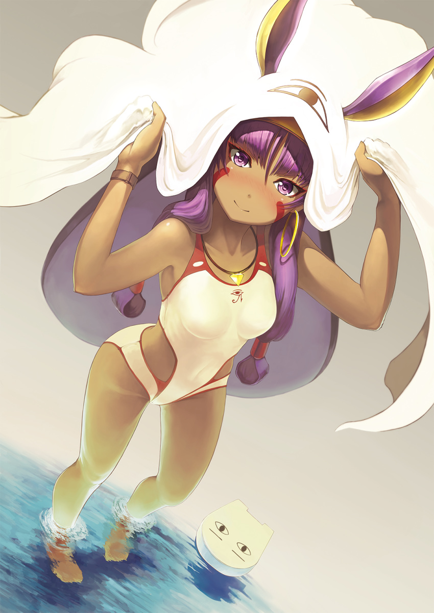 animal_ears arms_up bangs bare_arms bare_shoulders blush brown_background casual_one-piece_swimsuit closed_mouth collarbone commentary_request cosplay dutch_angle eyebrows_visible_through_hair facial_mark fate/grand_order fate_(series) hair_between_eyes highres jackal_ears jewelry kickboard long_hair looking_at_viewer medjed medjed_(cosplay) nitocris_(fate/grand_order) nitocris_(swimsuit_assassin)_(fate) nose_blush one-piece_swimsuit pendant pixiv_fate/grand_order_contest_2 purple_eyes purple_hair smile solo standing swimsuit very_long_hair wading water white_swimsuit yoka1chi