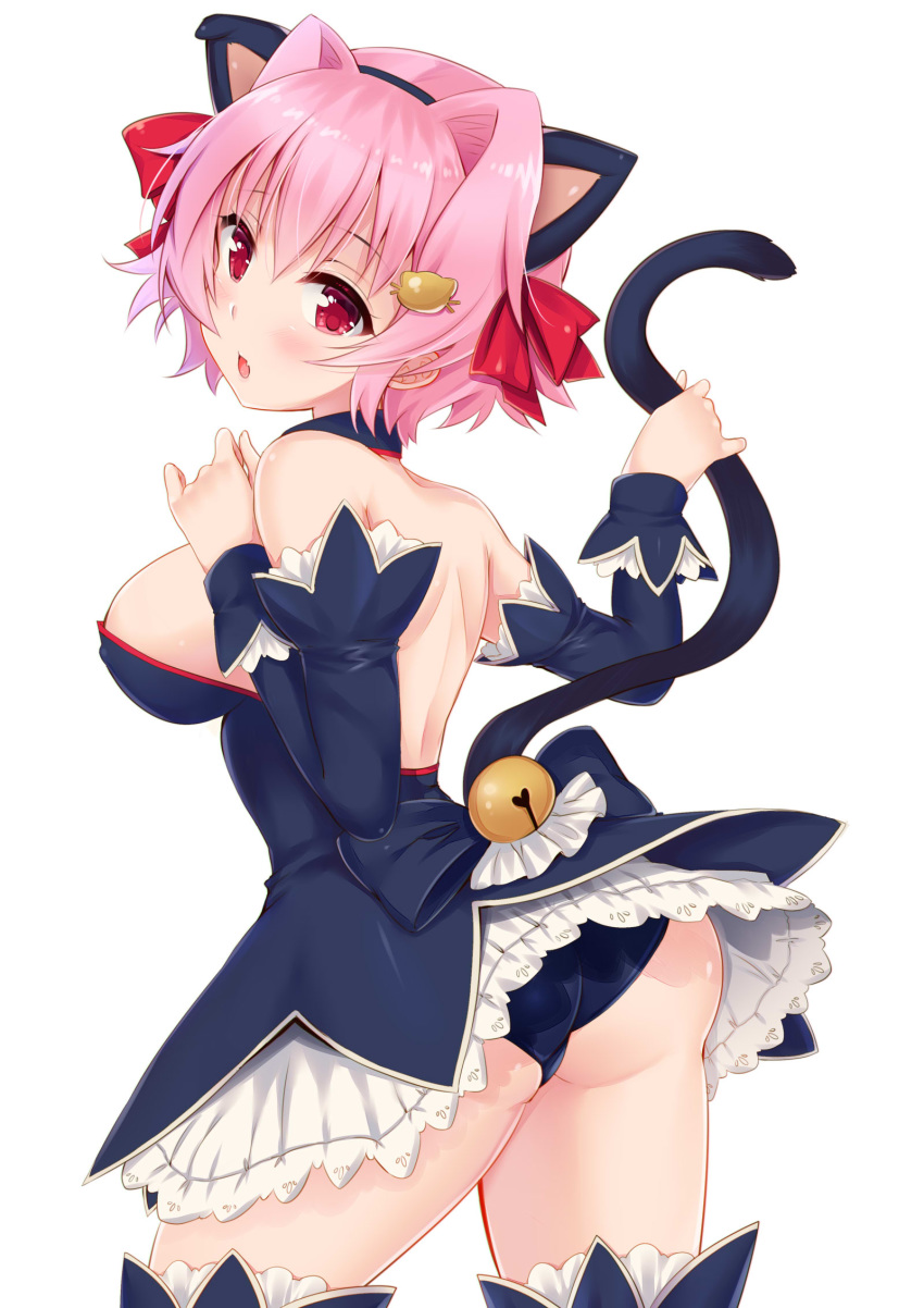 alternate_costume angel_mort animal_ears ass bare_shoulders bell black_choker black_legwear black_panties blush breasts cat_ears cat_tail choker cosplay detached_sleeves fake_animal_ears fang hair_between_eyes highres higurashi_no_naku_koro_ni jingle_bell kantai_collection ko_yu large_breasts open_mouth panties pink_hair red_eyes short_hair shoulder_blades simple_background solo tail tama_(kantai_collection) underwear waitress white_background