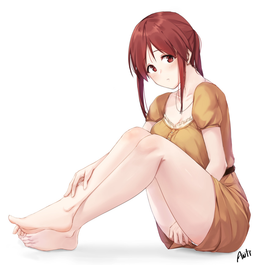 bangs barefoot between_legs blush breasts brown_dress brown_eyes brown_hair collarbone commentary_request deneb_(noble324) dress feet hair_between_eyes hand_between_legs highres idolmaster idolmaster_cinderella_girls jewelry large_breasts legs long_hair looking_at_viewer medium_breasts mifune_miyu necklace ponytail short_dress sidelocks simple_background sitting solo thighs white_background