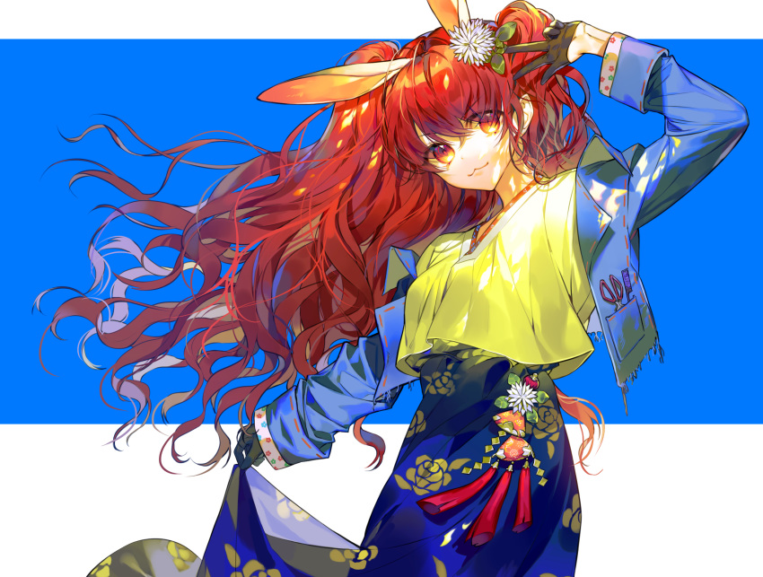 :3 animal_ears black_gloves blush bunny_ears character_request closed_mouth copyright_request eyebrows_visible_through_hair gloves hayanse highres long_hair long_sleeves looking_at_viewer red_eyes red_hair scissors smile solo twintails v very_long_hair