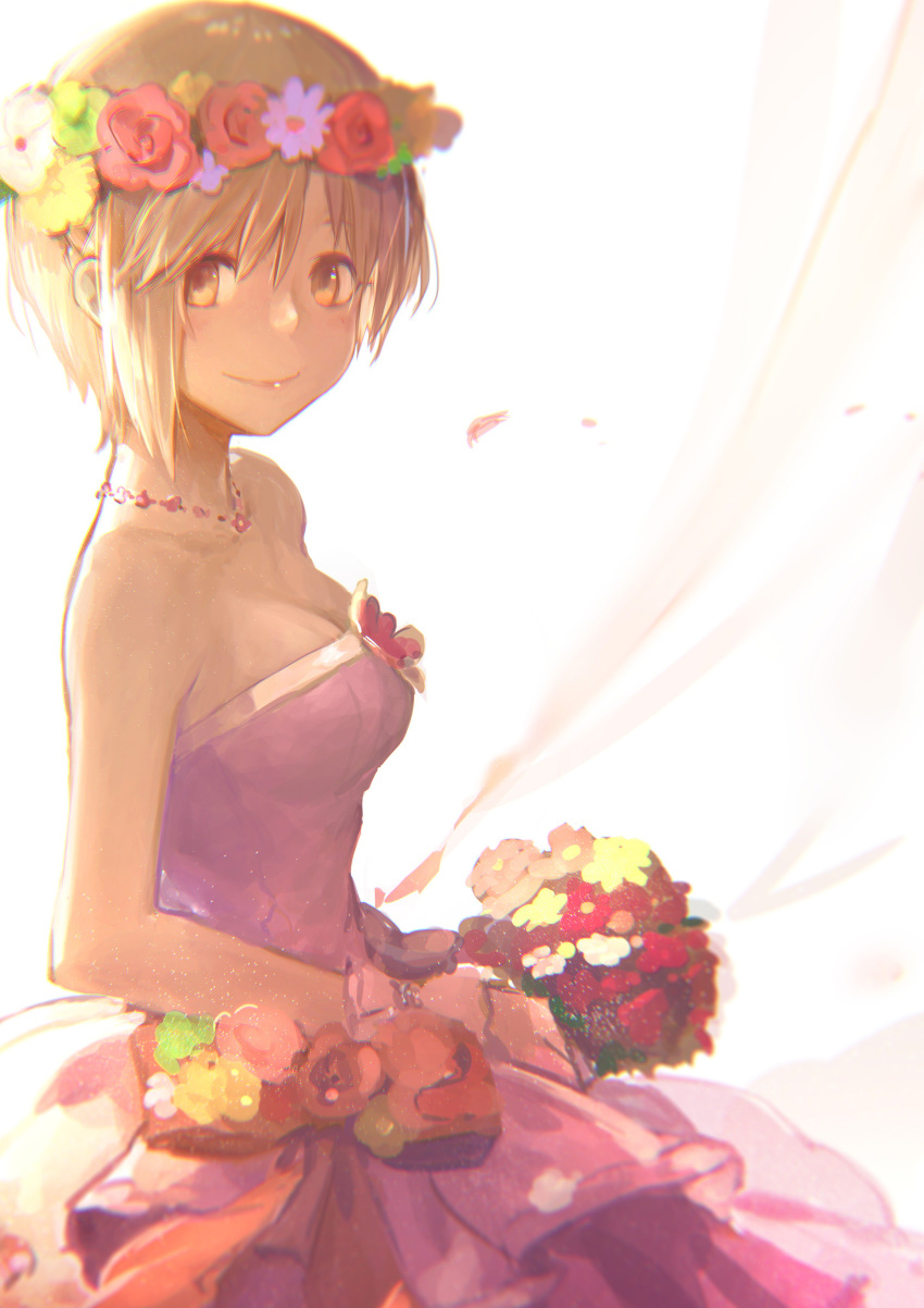absurdres aiba_yumi backlighting bare_shoulders blonde_hair blush bouquet bow breasts brown_eyes cleavage commentary_request dress flower flower_wreath highres holding holding_bouquet holysnow idolmaster idolmaster_cinderella_girls jewelry looking_at_viewer medium_breasts necklace petals pink_dress short_hair sleeveless sleeveless_dress smile solo wedding_dress