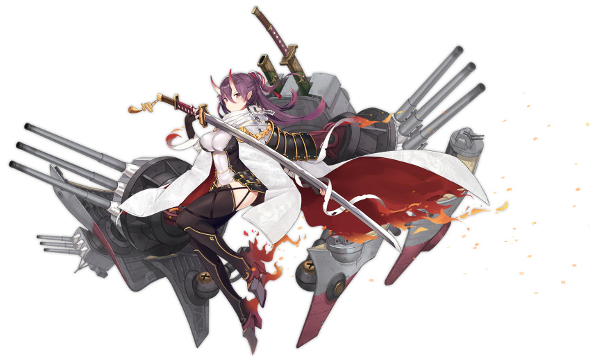aiguillette armor azur_lane bandaged_arm bandages bangs black_armor black_gloves black_legwear boqboq breasts cape closed_mouth covered_navel fingerless_gloves full_body gloves grey_footwear hair_between_eyes high_heels high_ponytail highres holding holding_sword holding_weapon horns izumo_(azur_lane) japanese_armor katana large_breasts leotard long_hair machinery official_art ofuda oni_horns pink_eyes pointy_ears ponytail purple_hair sheath sheathed shoes solo sword tachi-e tassel thighhighs torn_cape torn_clothes transparent_background turret weapon white_cape white_leotard world_of_warships zettai_ryouiki