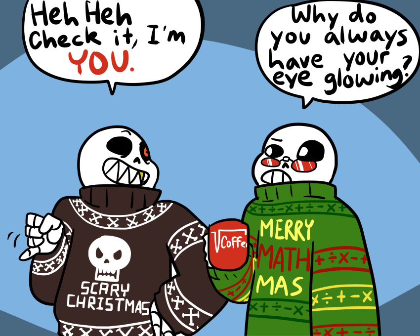 5:4 alternate_universe animated_skeleton bone clothed clothing coffee_mug dialogue duo english_text fan_character holding_cup humanoid loverofpiggies not_furry sans_(underfell) science_sans skeleton text undead underfell undertale video_games