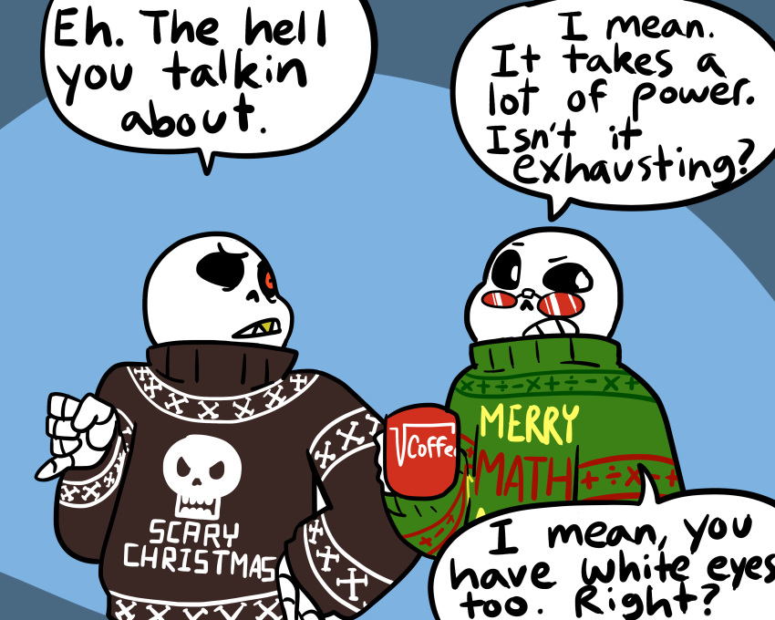 5:4 alternate_universe animated_skeleton bone clothed clothing coffee_mug dialogue duo english_text fan_character holding_cup loverofpiggies not_furry sans_(underfell) science_sans skeleton text undead underfell undertale video_games