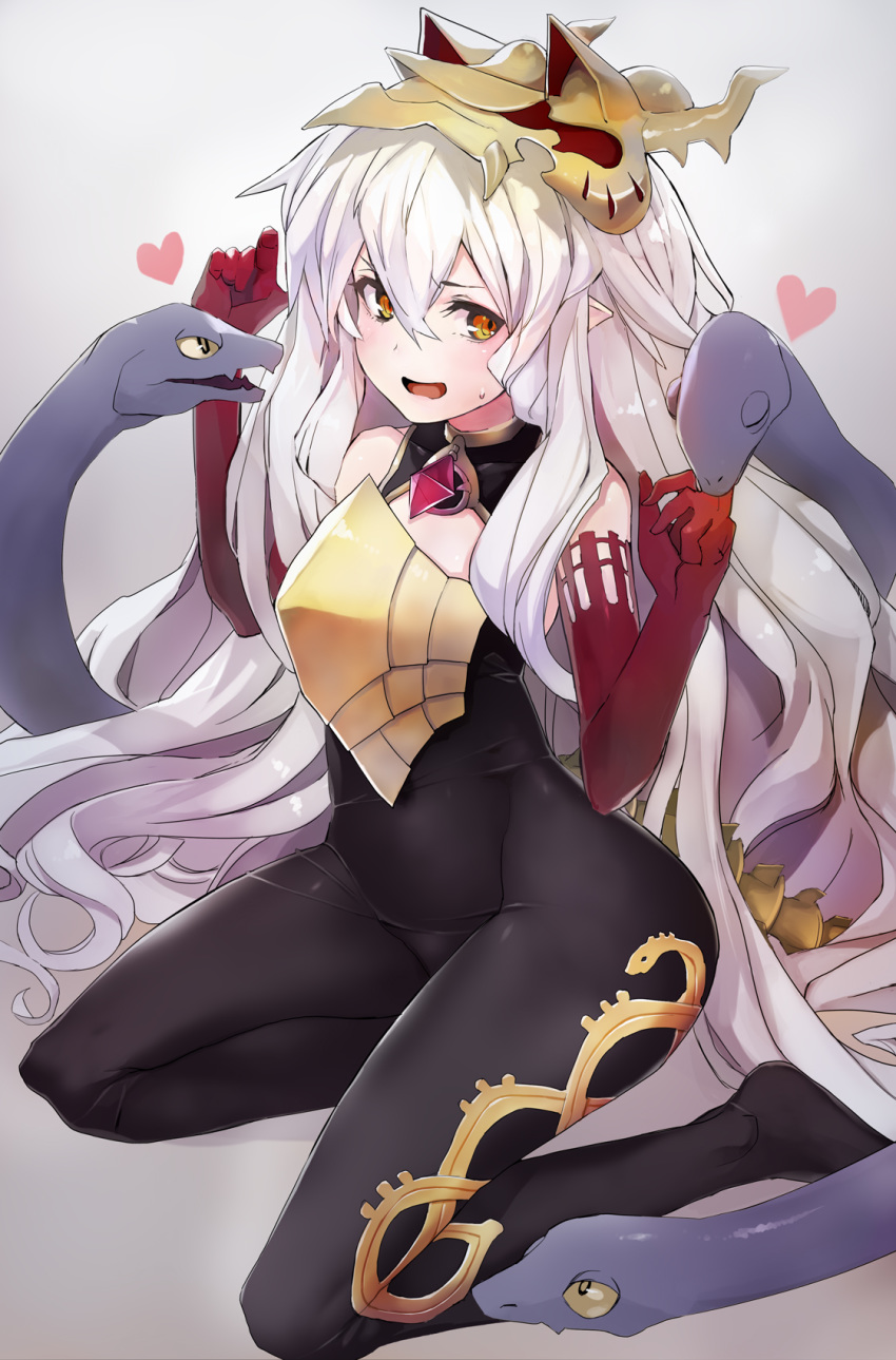 bangs bare_shoulders black_bodysuit blush bodysuit commentary_request elbow_gloves embarrassed eyebrows_visible_through_hair gloves gold_trim gorgon granblue_fantasy grey_background hair_between_eyes headpiece highres kneeling lavender_hair long_hair medusa_(shingeki_no_bahamut) no_shoes open_mouth pointy_ears red_gloves shingeki_no_bahamut simple_background skin_tight smile snake snake_hair solo sweat sweatdrop tail taishi_(picchiridou) very_long_hair yellow_eyes