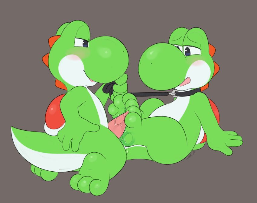 3_toes 4_fingers barefoot blush dinosaur domination erection feet foot_fetish footjob green_yoshi hindpaw leash leash_pull male male/male mario_bros nintendo paws penis sex slimefur soles toes video_games yoshi